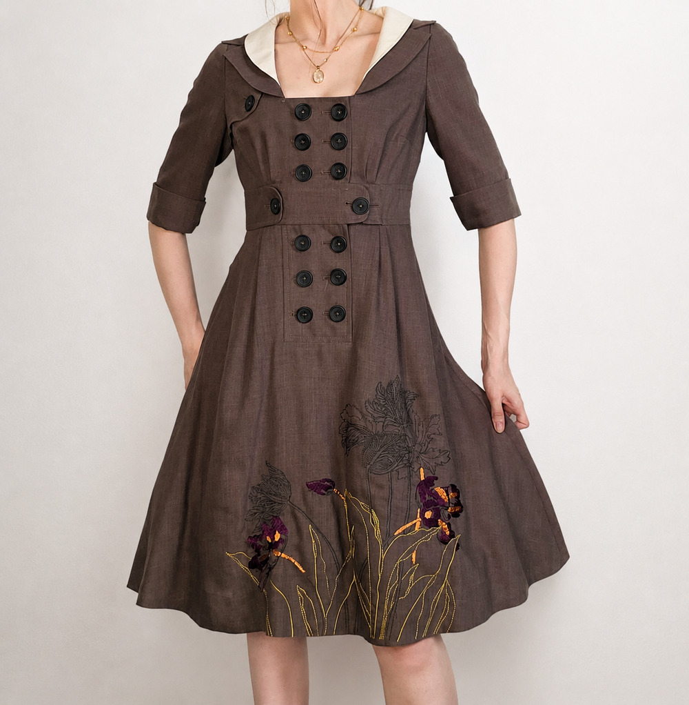 Anthropologie Floreat Wool Blend Coat Dress Sailor Collar Embroidered 4 Academia